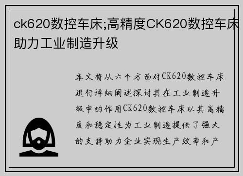 ck620数控车床;高精度CK620数控车床助力工业制造升级